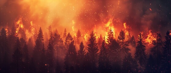 Environmental Disaster Forest fire with trees on fire.	