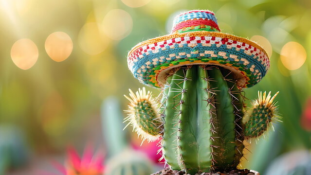 a small cactus plant wearing a sombrero hat with a happy face. With Generative AI