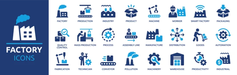 Gardinen Factory icon set. Containing industry, production, machine, manufacture, warehouse, fabrication, goods and more. Solid vector icons collection. © Icons-Studio
