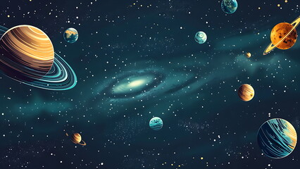 Fototapeta premium Beautiful solar system, planets and stars. flat design. With Generative AI