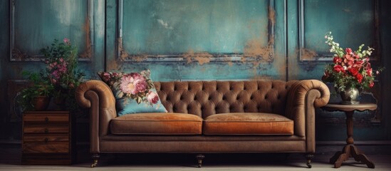 The living room of the building features a beautiful hardwood couch with colorful flowers on it, adding a touch of art and comfort to the space