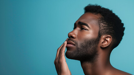 Pensive afro american man with sad face, hand on lip, on soothing blue background. Herpes concept. Banner, copy space.