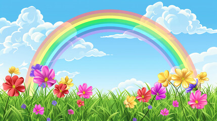 Fototapeta na wymiar A rainbow stretches across the sky above a vibrant field of colorful flowers. Cartoon spring or summer mood background, copy space.