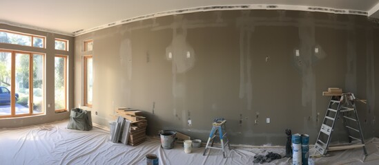 Interior and exterior drywall and wall plastering and finishing for a new construction home.