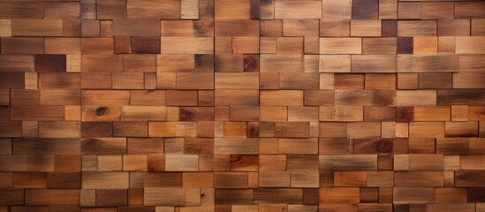 A close up of a brown hardwood wall made of rectangular squares with a beige wood stain. The wall looks like brickwork and is a durable building material for flooring