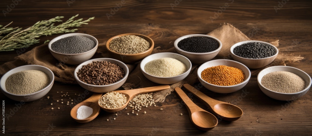 Aufkleber an array of various spices are displayed in wooden bowls and metal spoons on the circular table. the