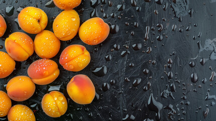 Top view of fresh orange , peach and apricot withvisible  water drops .