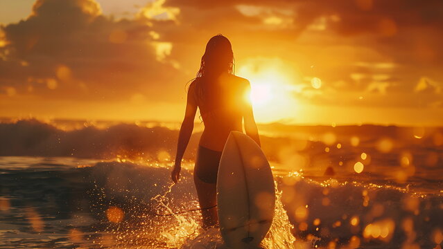 Photo of female surfer walking on the beach holder surfboard, summer vacation concept. With Generative AI