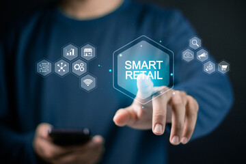 Smart retail technology and omni channel concept. Channel E-commerce shopping, online retail shopping and omni digital app. Businessman touching retail marketing icon on virtual screen.