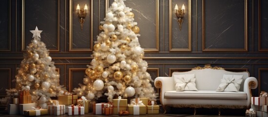 An interior design featuring a living room with two Christmas trees, a cozy couch, and hardwood flooring decorated with Christmas decorations for the holiday event