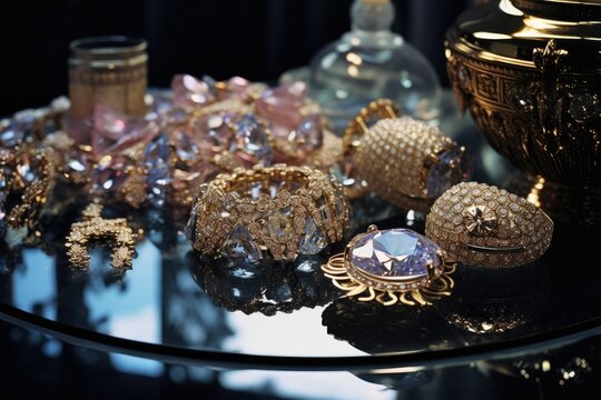 Crystal Ballroom: Jewelry arranged on a table in a crystal-adorned ballroom.