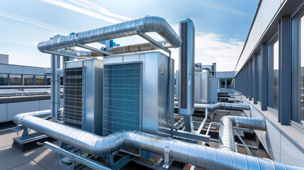 A close-up view of a large industrial building with numerous pipes and a modern commercial HVAC system