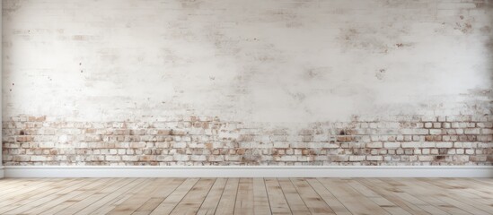 An empty room with hardwood flooring, a brick wall, and a view of the city landscape on the horizon