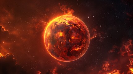 Apocalyptic Fiery Planet in Space, Cataclysmic Heat End of World Concept, Sci-Fi Astronomy Scene
