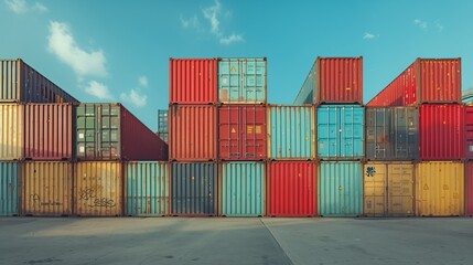 Stacked Shipping Containers in Port under Blue Sky, Global Trade, Export and Import, Logistics Background
