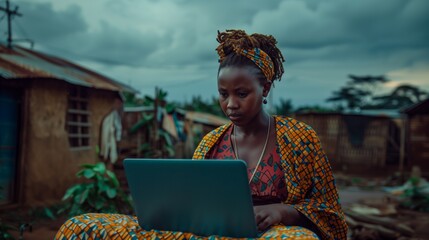 African Woman Using Laptop in Rural Village, Bridging Digital Divide, Cultural and Technological Integration
