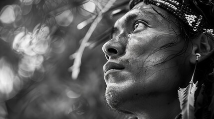 Black and White Portrait of Indigenous Man, Intense Gaze, Cultural Identity, Traditional Headdress Detail
