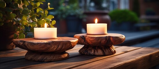 Fototapeta na wymiar Wooden candleholders stand on a table outdoors
