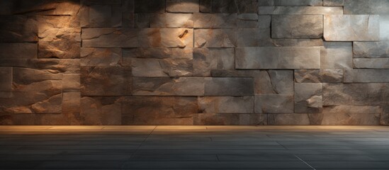 An empty space with a wooden floor and brick wall. The contrast between the textures creates a unique artistic pattern in the darkness