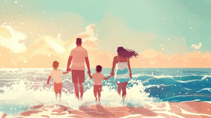 A family of four at the beach with the parents holding their childrens hands as they take their first steps into the ocean. The children are hesitant and scared at first but