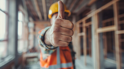 A construction worker in uniform gesturing a thumbs up sign to indicate approval or success on a construction site. Renovation services concept.