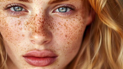 A close-up image of a woman with many freckles