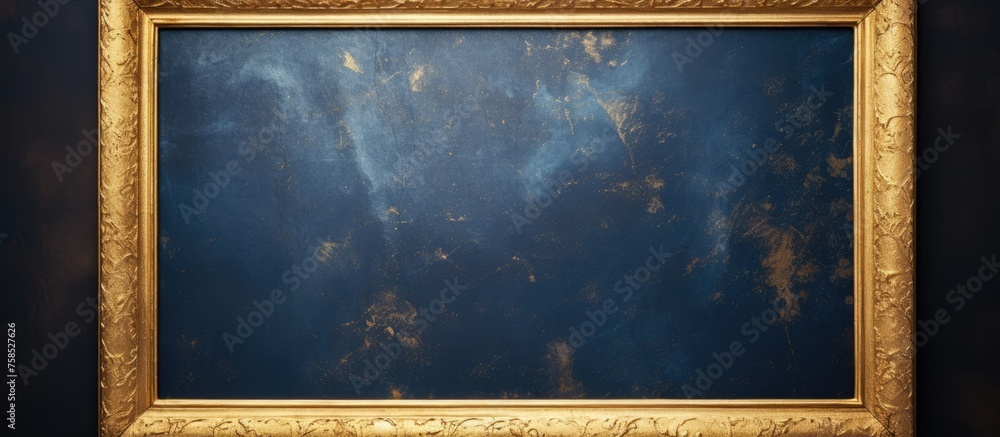 Poster an art piece in a gold frame is displayed on a rectangular flat panel display, an output device, aga