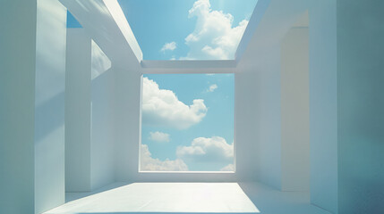 white geometric with window and blue sky and clouds