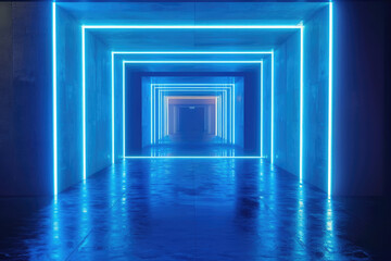 blue geometric architecture with neon lights