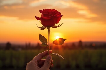 A close-up of a red rose being held against a sunset backdrop.