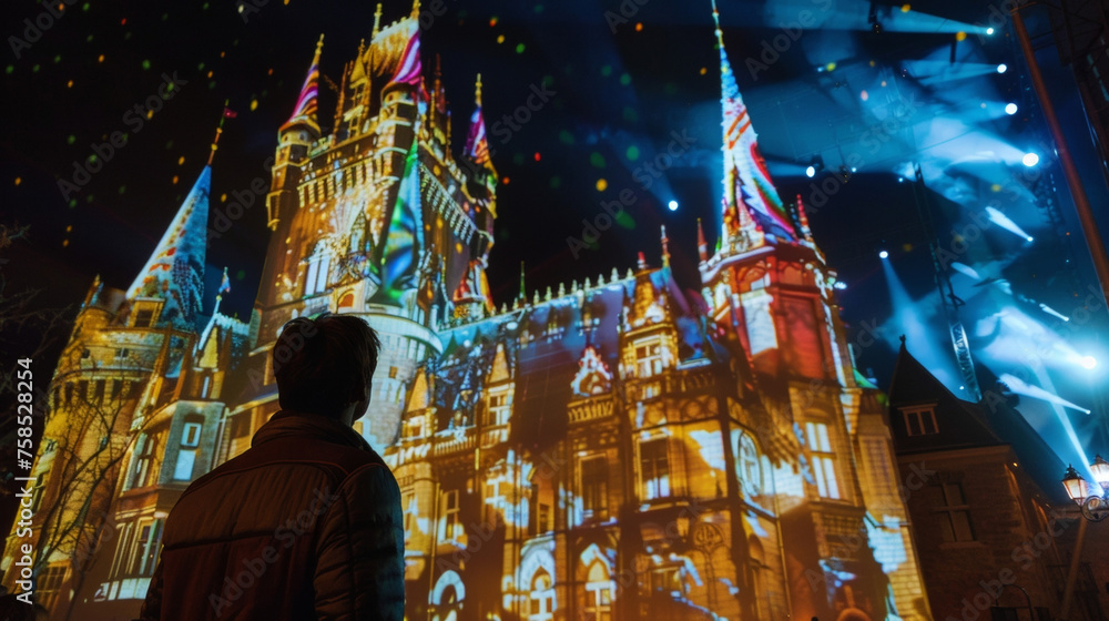 Poster a festivalgoer stands in awe as a massive ornate castle is projected onto the side of a building com