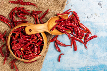 Dried red chilies in a bowl and in a wooden spoon Paprika, a spicy condiment Healthy food, top view