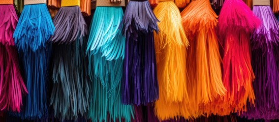 A row of vibrant mop heads in shades like Purple, Violet, Magenta, and Electric blue hangs on a...