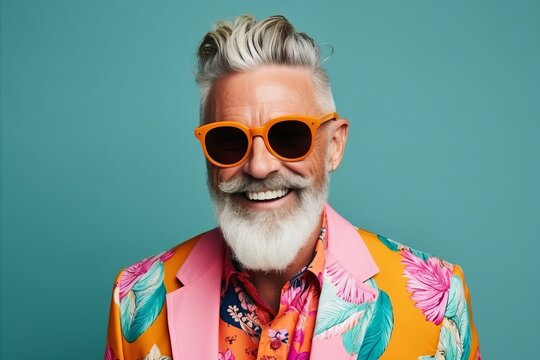 Cheerful senior man in stylish sunglasses on a blue background.