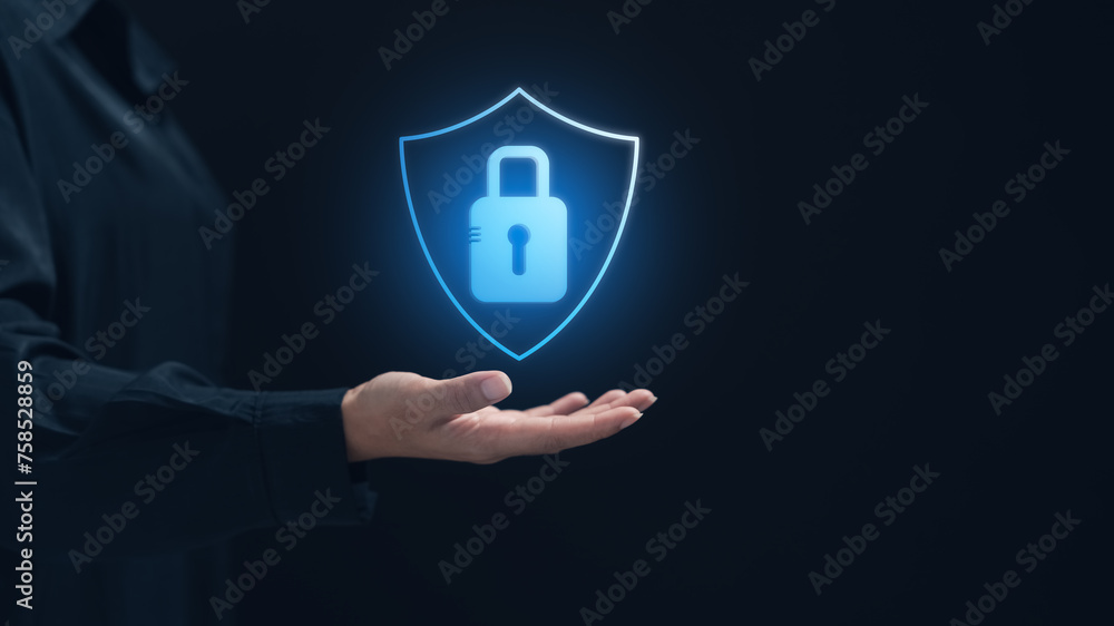 Poster cyber ​​security concept, business woman holding showing padlock icon, cyber security system, intern