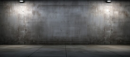 An empty room with concrete walls, two lights on the walls, and a grey asphalt road surface with wooden flooring. Tints and shades of darkness fill the space