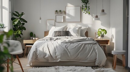 Vaulted ceiling with skylights in farmhouse. Interior design of modern rustic bedroom. 