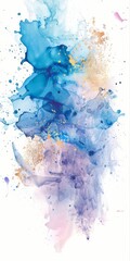 Rich blue and gold watercolor splashes converge, creating a dramatic interplay of color and texture on a white backdrop.