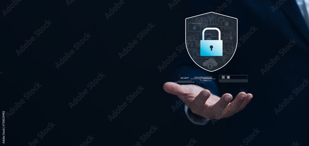 Poster cyber security and network data protection, businessman holding security padlock internet network, e