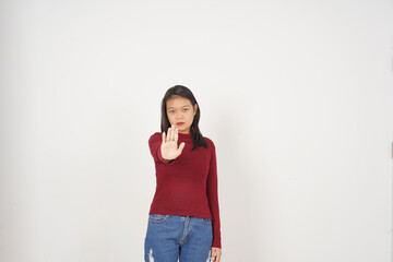 Young Asian woman in Red t-shirt Stop hand gesture, Rejection concept isolated on white background