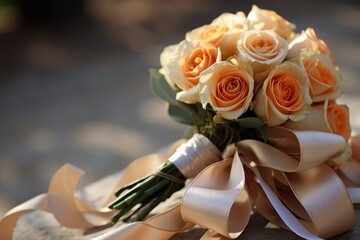 A close-up of a personalized ribbon tied around the bouquet.