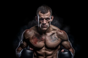 Fototapeta na wymiar Portrait of a Determined Male Boxer with Tattoos and Black Gloves 