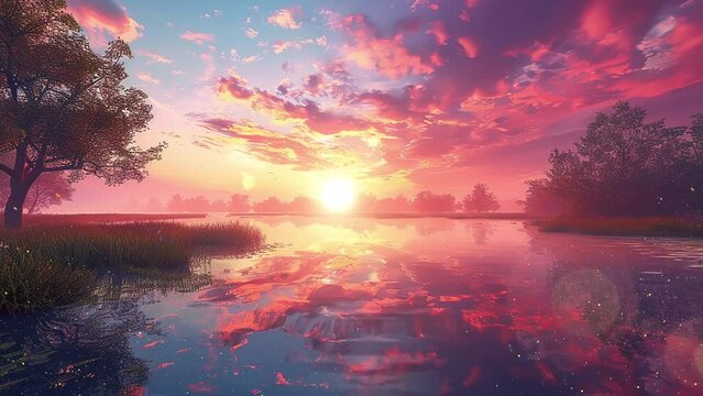 amazing sunrise reflections with dramatic sky. a beautiful sunrise scene. seamless looping overlay 4k virtual video animation background