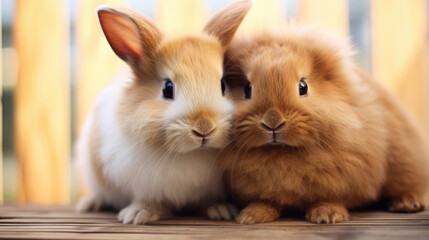 Obraz premium two cute rabbits bunny with soft fur are sticking together and close to each other