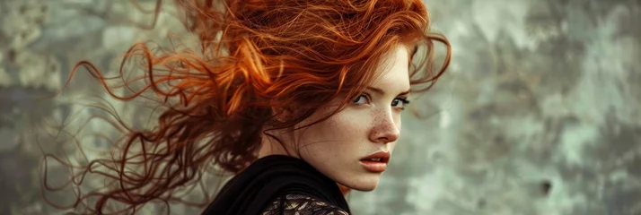 Fotobehang Beautiful Red Hair Woman her hair is tousled and wild with playful expression wear black fabric cloth standing against natural rugged landscape created with Generative AI Technology © Sentoriak