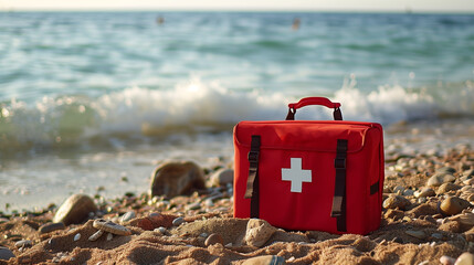 A lifeguards first aid kit sits on a rocky beach, ready for emergencies and providing essential medical supplies. Copy space.