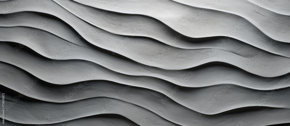 Poster a closeup of a rectangular gray wave pattern on a wall resembling an aeolian landform, creating a un