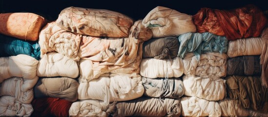 A stack of ancient clothes forms an artful display, reminiscent of history and erosion on layers of wood and rock, telling tales of ancient civilizations - obrazy, fototapety, plakaty