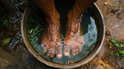 An image of a persons feet immersed in a bowl of warm herbal water a traditional foot bath in Thai medicine. - obrazy, fototapety, plakaty