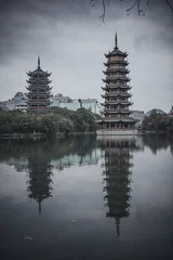 Crédence de cuisine en verre imprimé Guilin Landscape of the Sun and Moon Twin Pagodas at Shanhu Lake, China.